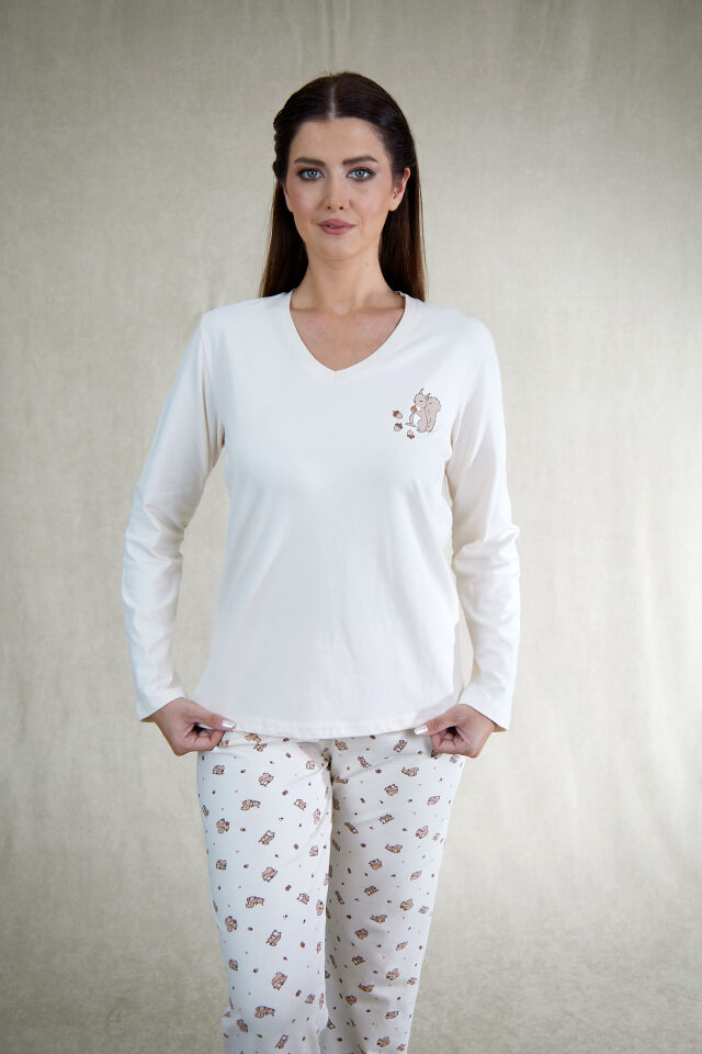 Estiva Kadın Sincap Desenli Bej Rengi Penye Lycra Pijama Takımı