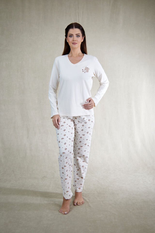 Estiva Kadın Sincap Desenli Bej Rengi Penye Lycra Pijama Takımı