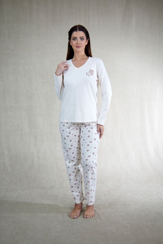 Estiva Kadın Sincap Desenli Bej Rengi Penye Lycra Pijama Takımı