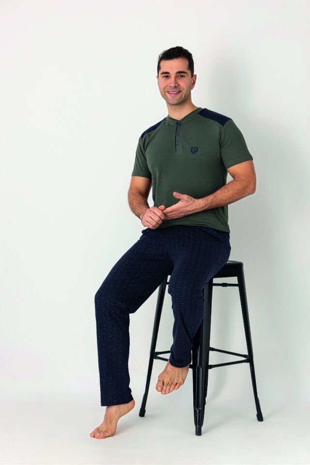 Estiva Erkek Alt Desenli Apoletli Kısa Kollu Patlı Penye Pijama Takımı