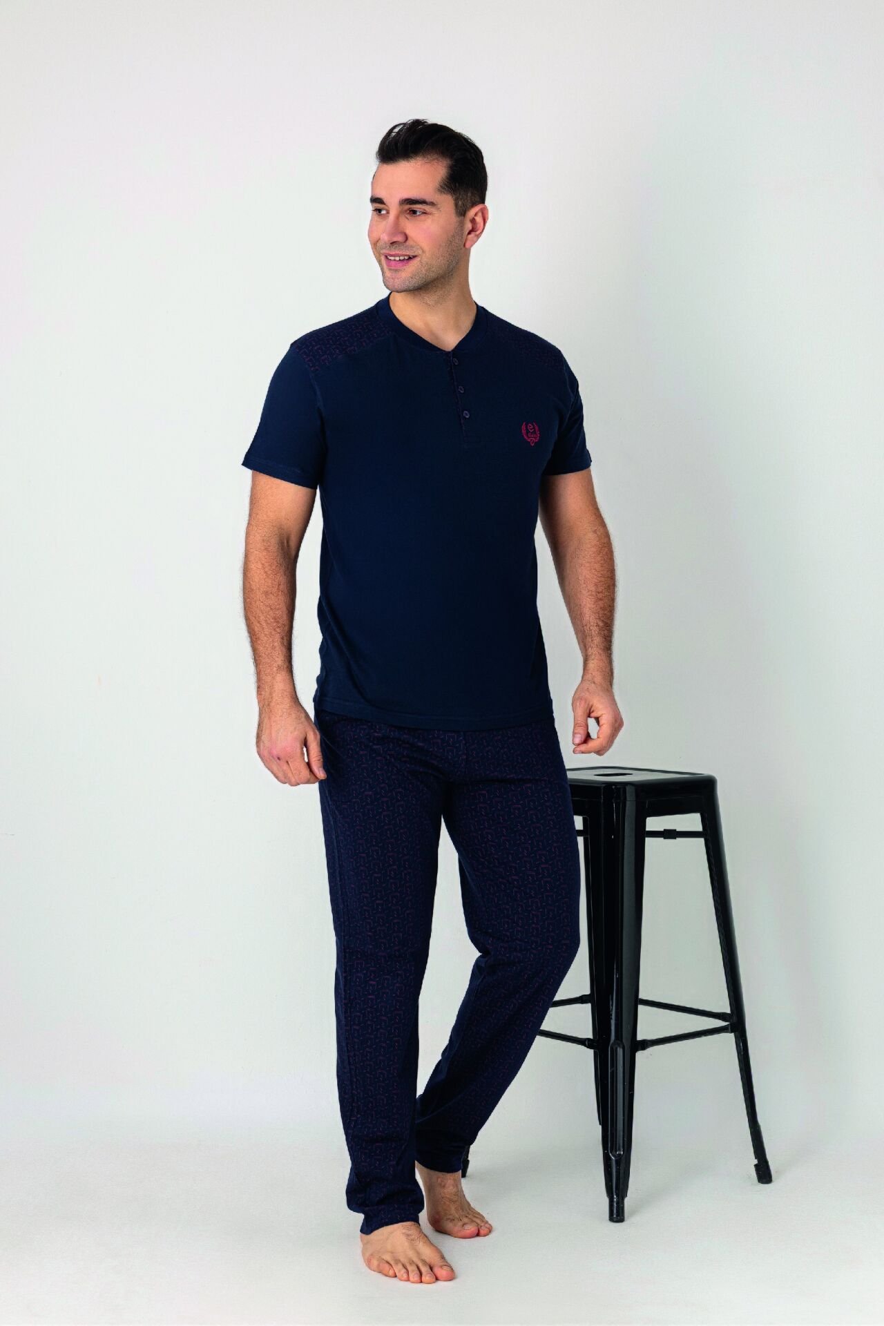 Estiva Erkek Alt Desenli Apoletli Kısa Kollu Patlı Penye Pijama Takımı