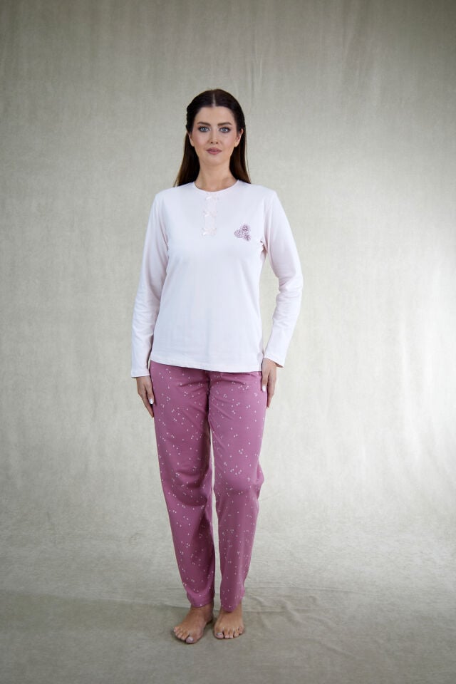 Estiva Kadın Çiçek Desenli Gül Kurusu Pembe Penye Lycra Pijama Takımı