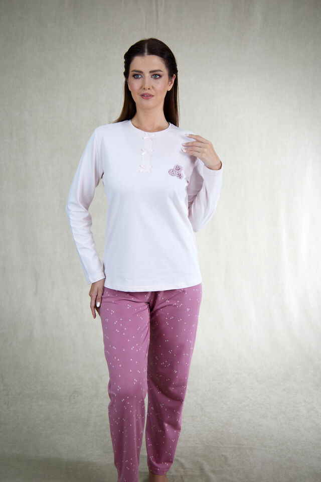 Estiva Kadın Çiçek Desenli Gül Kurusu Pembe Penye Lycra Pijama Takımı