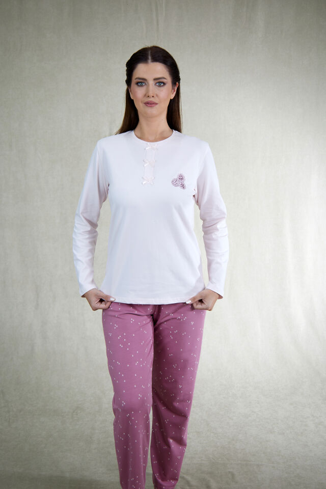 Estiva Kadın Çiçek Desenli Gül Kurusu Pembe Penye Lycra Pijama Takımı