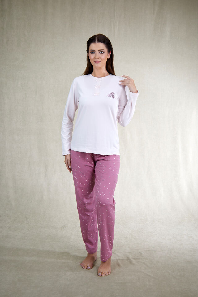 Estiva Kadın Çiçek Desenli Gül Kurusu Pembe Penye Lycra Pijama Takımı