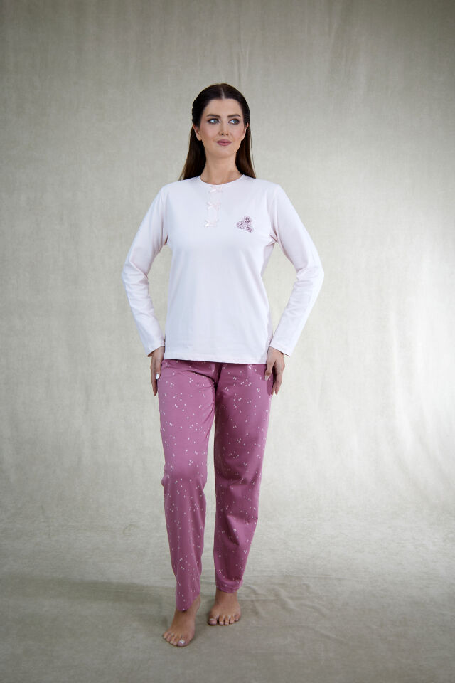 Estiva Kadın Çiçek Desenli Gül Kurusu Pembe Penye Lycra Pijama Takımı