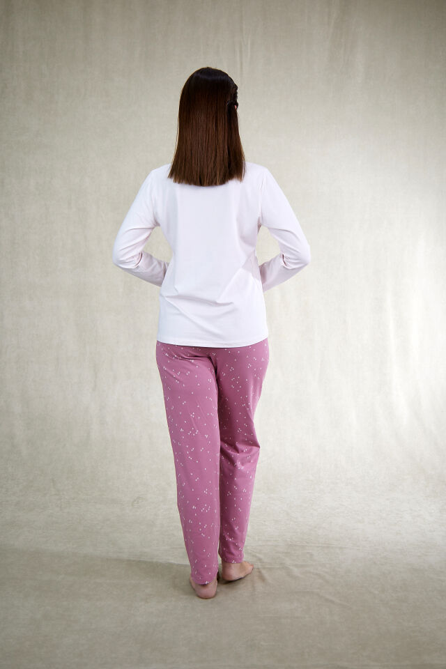 Estiva Kadın Çiçek Desenli Gül Kurusu Pembe Penye Lycra Pijama Takımı