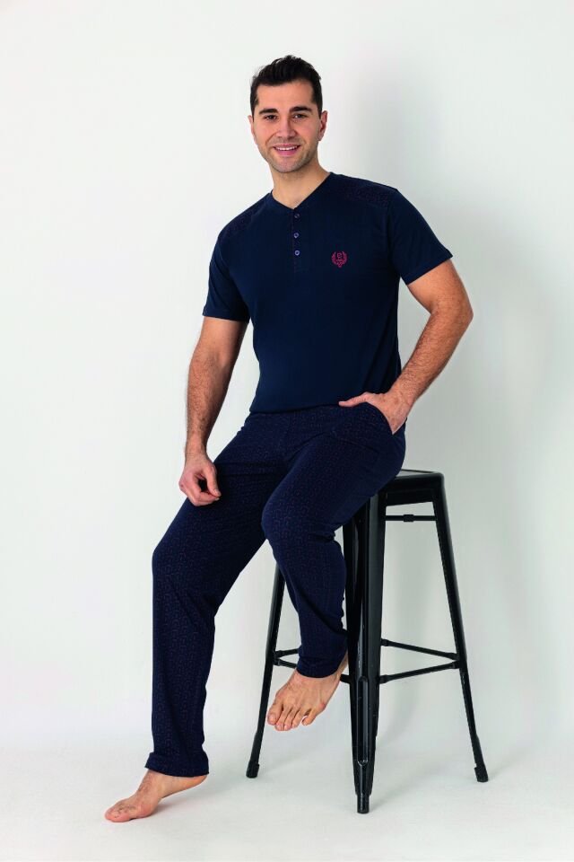 Estiva Erkek Alt Desenli Apoletli Kısa Kollu Patlı Penye Pijama Takımı Lacivert - XL