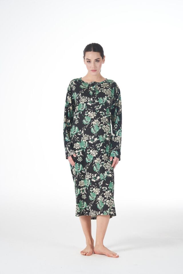 Kadın Yazlık Desenli Uzun Kollu Düğmeli Lycra Viskon Günlük Elbise