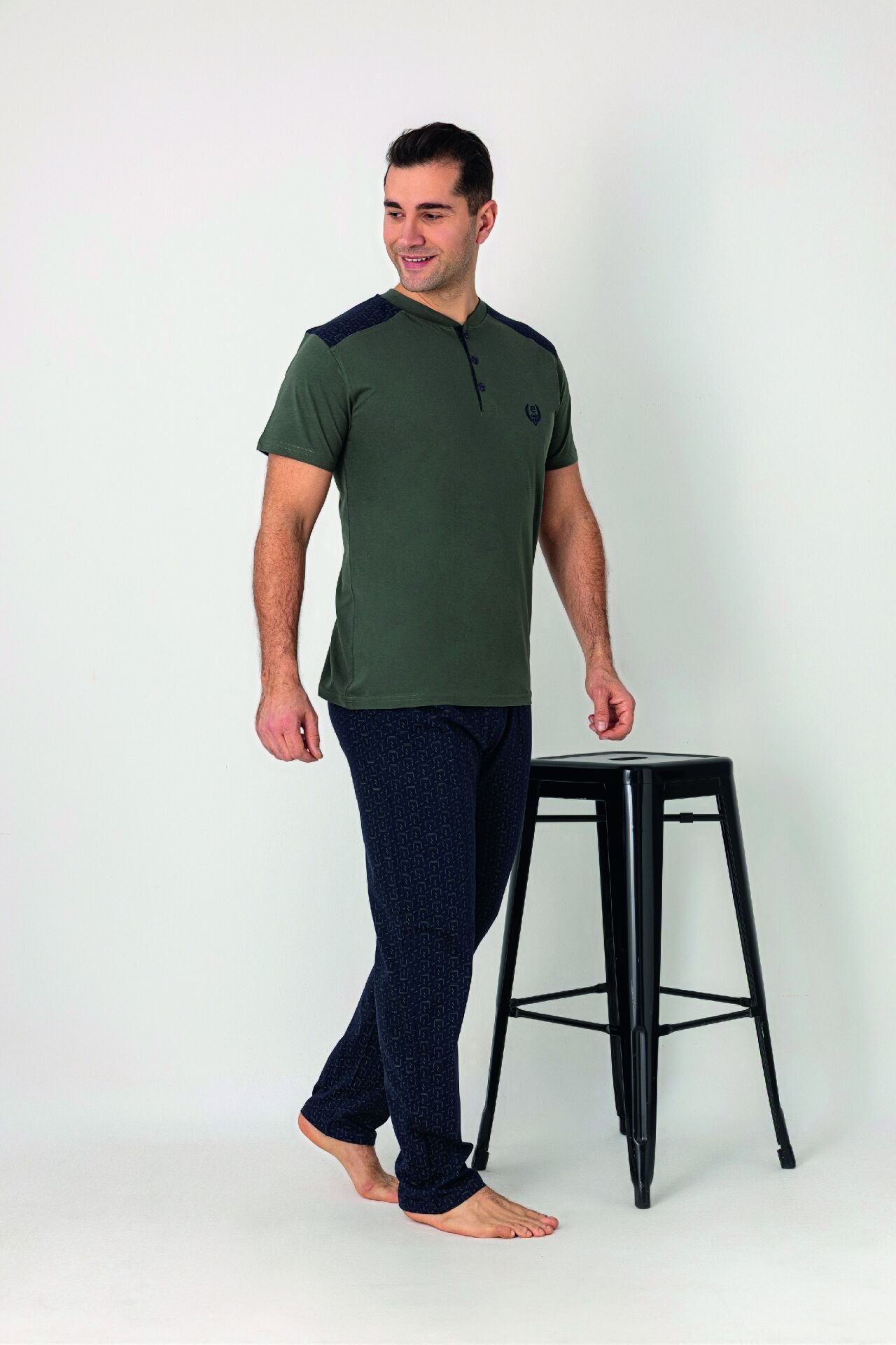 Estiva Erkek Alt Desenli Apoletli Kısa Kollu Patlı Penye Battal Pijama Takımı 3XL - Haki