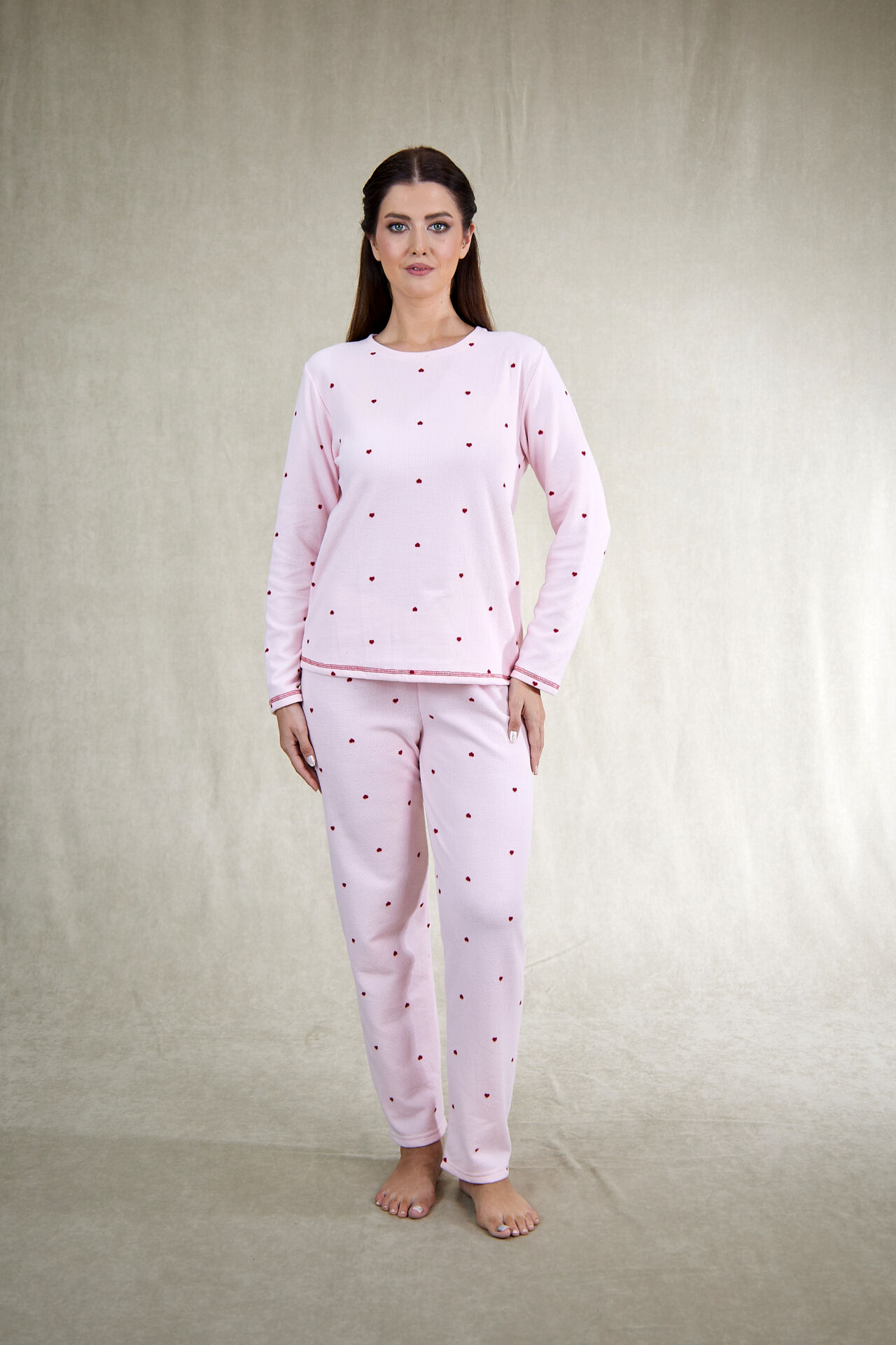 Estiva Kadın Puantiyeli Pembe Waffle Kumaş Pijama Takımı