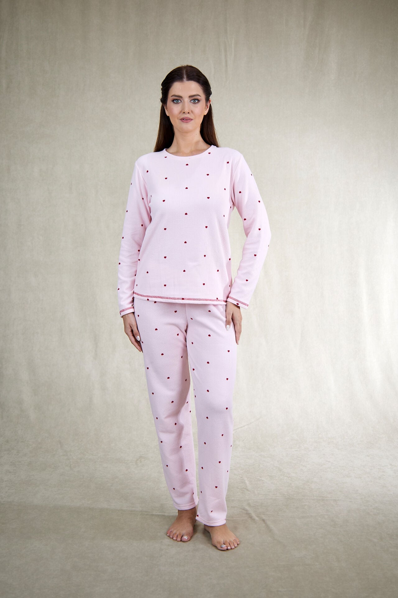 Estiva Kadın Puantiyeli Pembe Waffle Kumaş Pijama Takımı