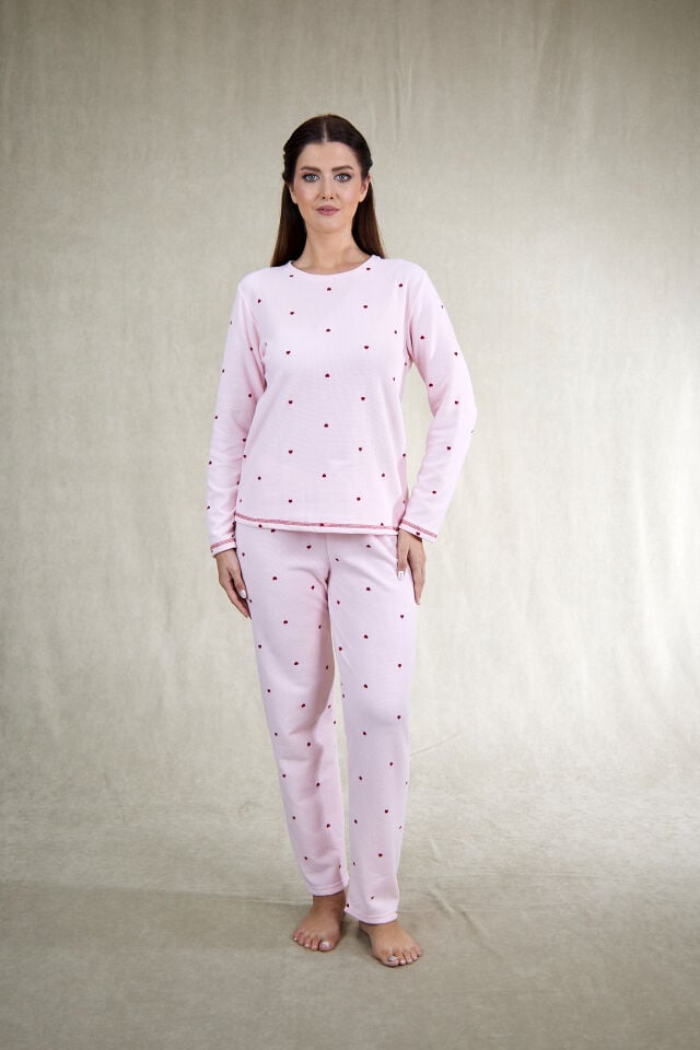 Estiva Kadın Puantiyeli Pembe Waffle Kumaş Pijama Takımı
