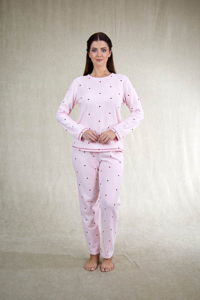 Estiva Kadın Puantiyeli Pembe Waffle Kumaş Pijama Takımı