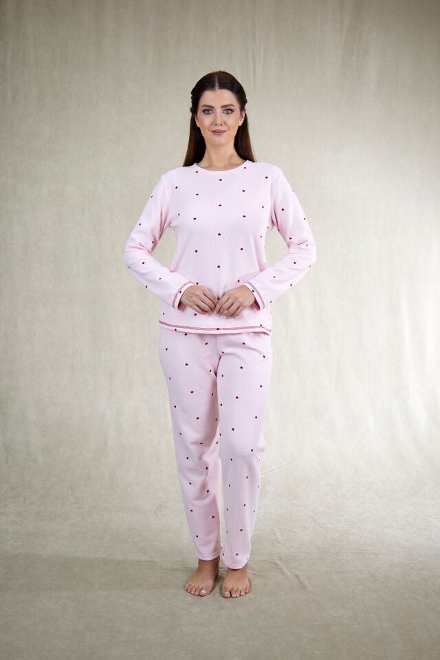 Estiva Kadın Puantiyeli Pembe Waffle Kumaş Pijama Takımı