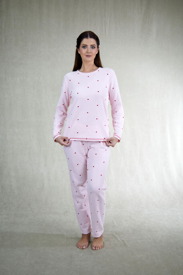 Estiva Kadın Puantiyeli Pembe Waffle Kumaş Pijama Takımı
