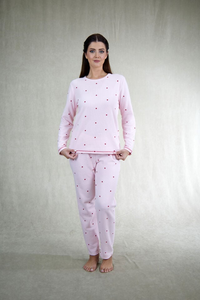 Estiva Kadın Puantiyeli Pembe Waffle Kumaş Pijama Takımı
