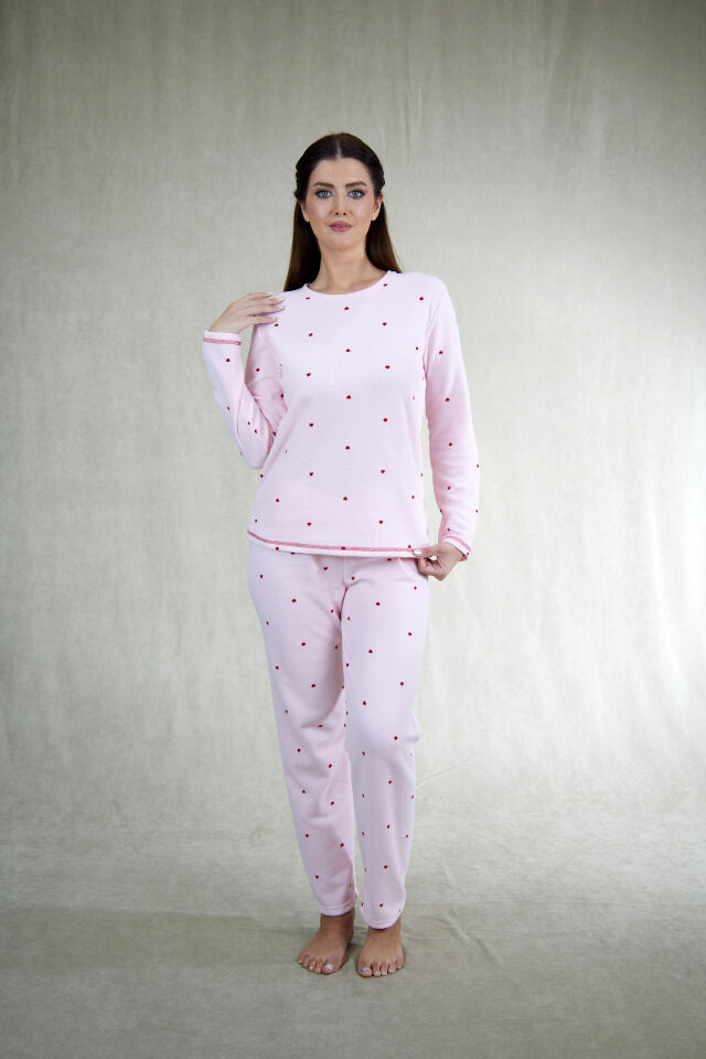Estiva Kadın Puantiyeli Pembe Waffle Kumaş Pijama Takımı