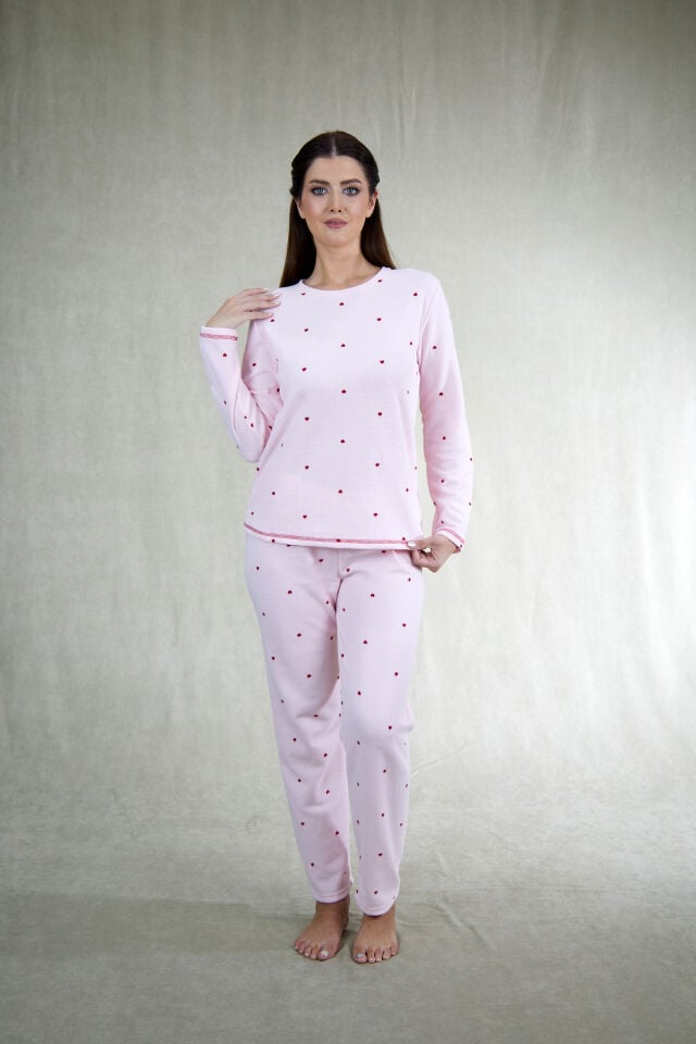 Estiva Kadın Puantiyeli Pembe Waffle Kumaş Pijama Takımı