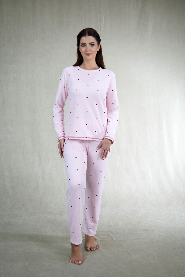 Estiva Kadın Puantiyeli Pembe Waffle Kumaş Pijama Takımı