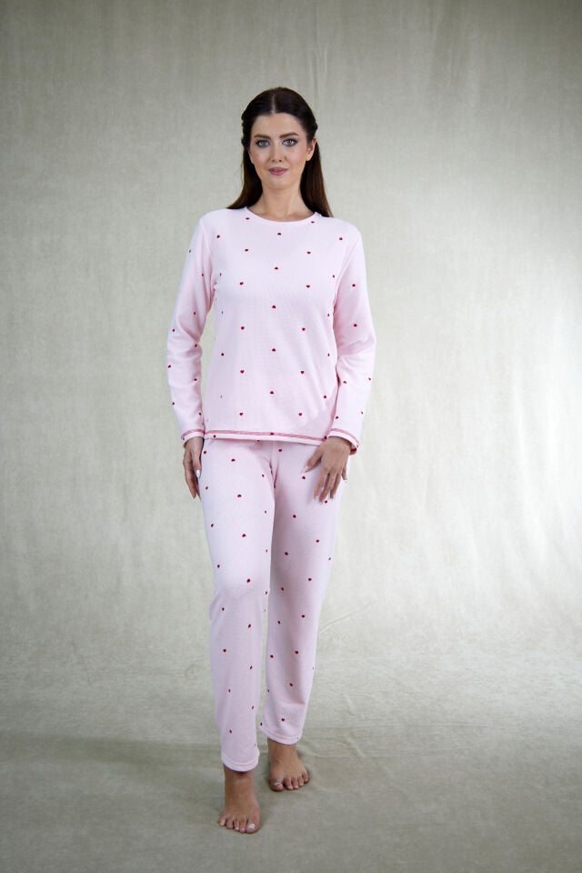 Estiva Kadın Puantiyeli Pembe Waffle Kumaş Pijama Takımı