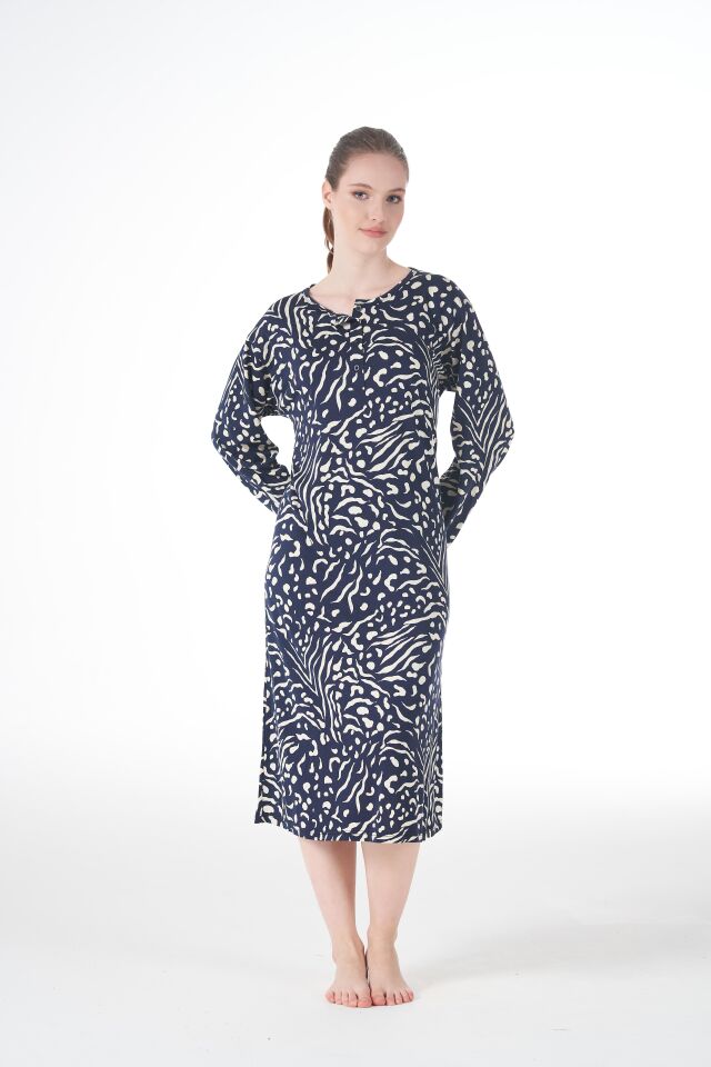 Kadın Yazlık Desenli Uzun Kollu Düğmeli Lycra Viskon Günlük Elbise L - Gri