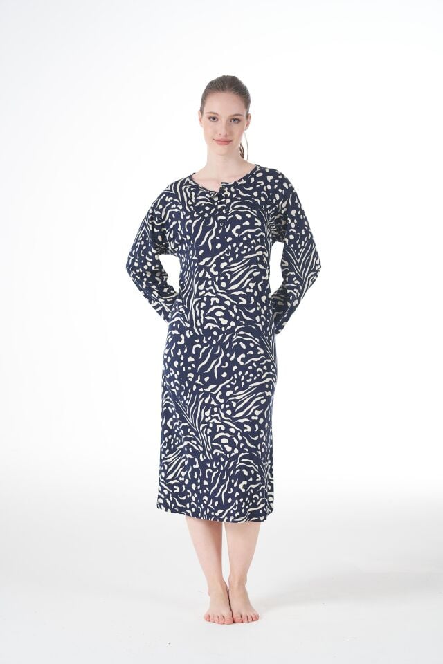 Kadın Yazlık Desenli Uzun Kollu Düğmeli Lycra Viskon Günlük Elbise L - Gri