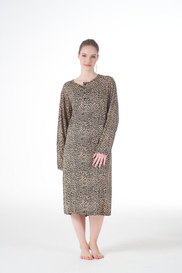 Kadın Yazlık Desenli Uzun Kollu Düğmeli Lycra Viskon Günlük Elbise L - Kahverengi