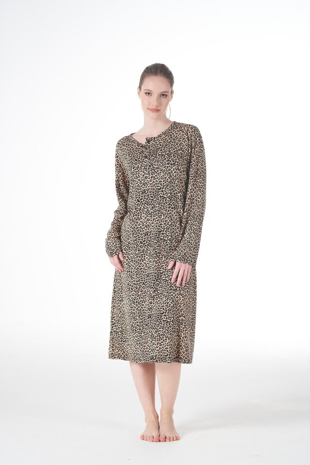 Kadın Yazlık Desenli Uzun Kollu Düğmeli Lycra Viskon Günlük Elbise L - Kahverengi