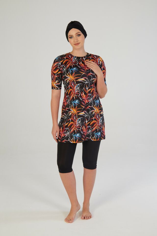 Estiva Garden Desenli Kısa Kollu Taytlı Tesettür Mayo