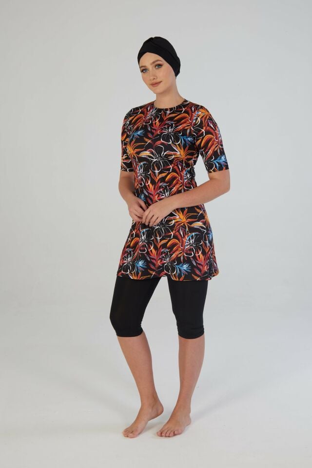 Estiva Garden Desenli Kısa Kollu Taytlı Tesettür Mayo