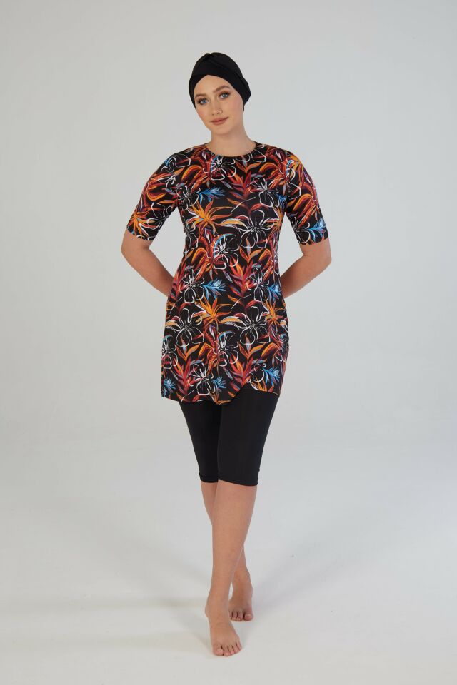 Estiva Garden Desenli Kısa Kollu Taytlı Tesettür Mayo