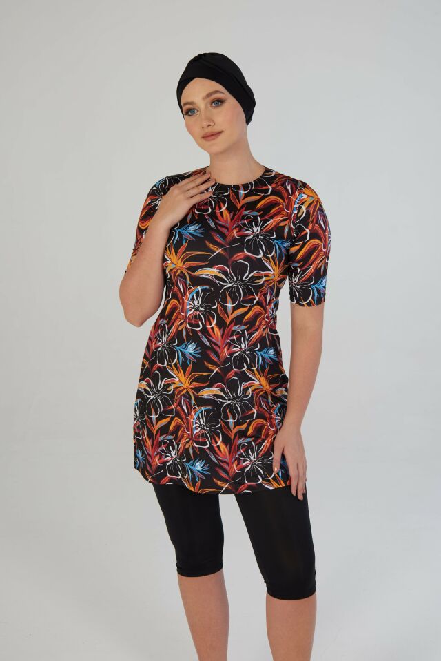 Estiva Garden Desenli Kısa Kollu Taytlı Tesettür Mayo