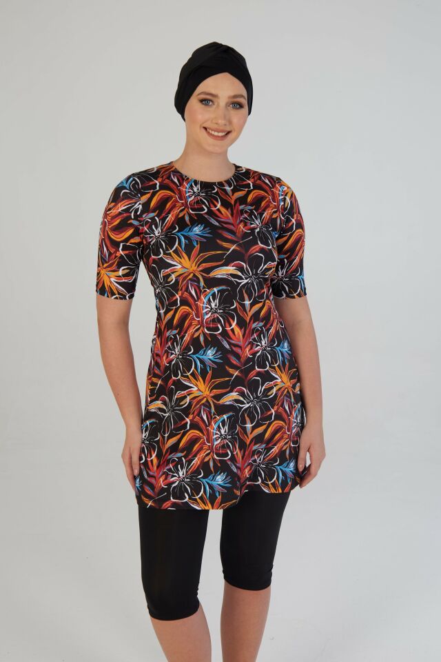 Estiva Garden Desenli Kısa Kollu Taytlı Tesettür Mayo