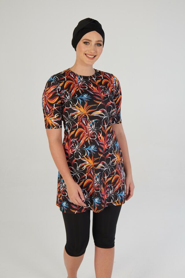 Estiva Garden Desenli Kısa Kollu Taytlı Tesettür Mayo