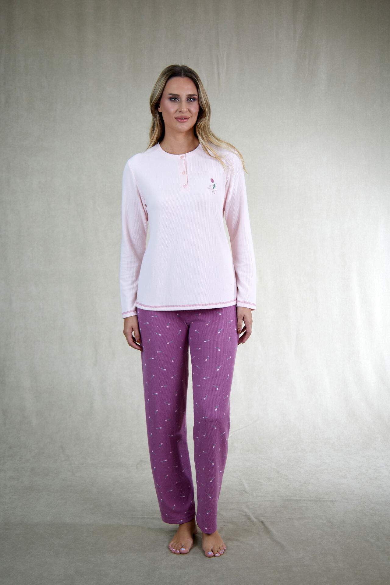 Estiva Kadın Çiçek Desenli Lila Mor Patlı Waffle Kumaş Pijama Takımı