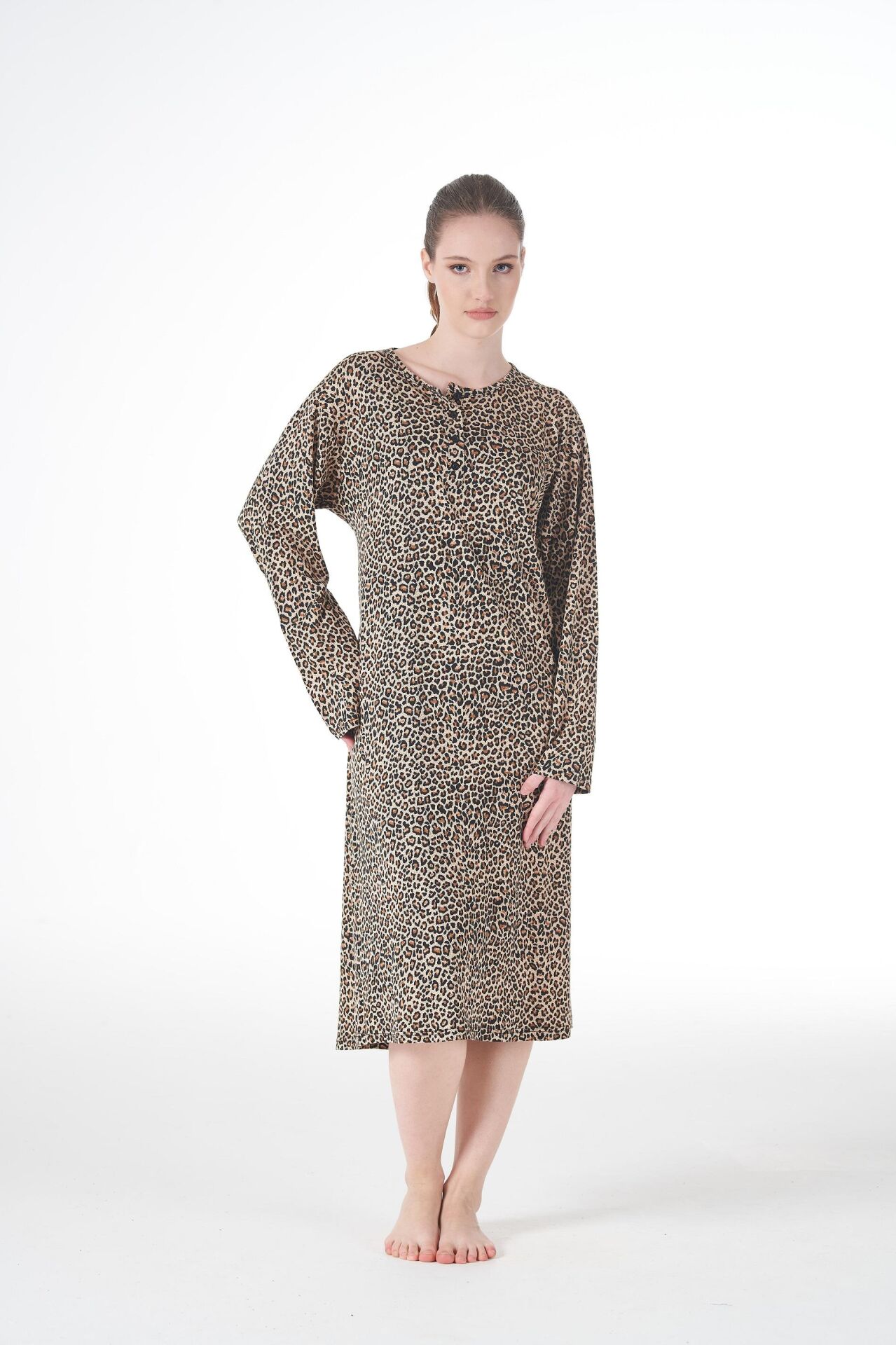 Kadın Yazlık Desenli Uzun Kollu Düğmeli Lycra Viskon Günlük Elbise 2XL - Kahverengi