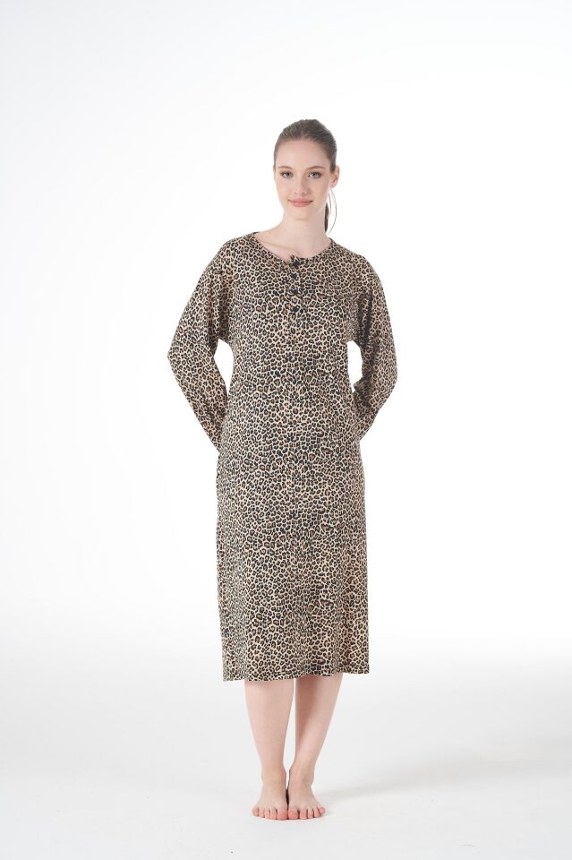 Kadın Yazlık Desenli Uzun Kollu Düğmeli Lycra Viskon Günlük Elbise 2XL - Kahverengi