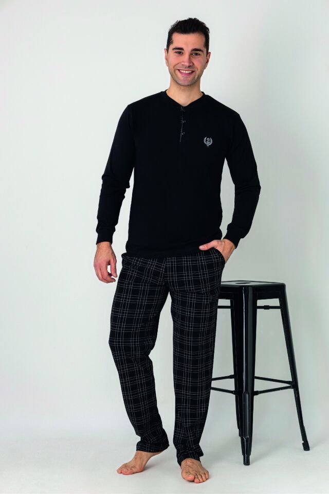 Estiva Erkek Kareli Alt Desenli Siyah Uzun Kollu Patlı Penye Pijama Takımı