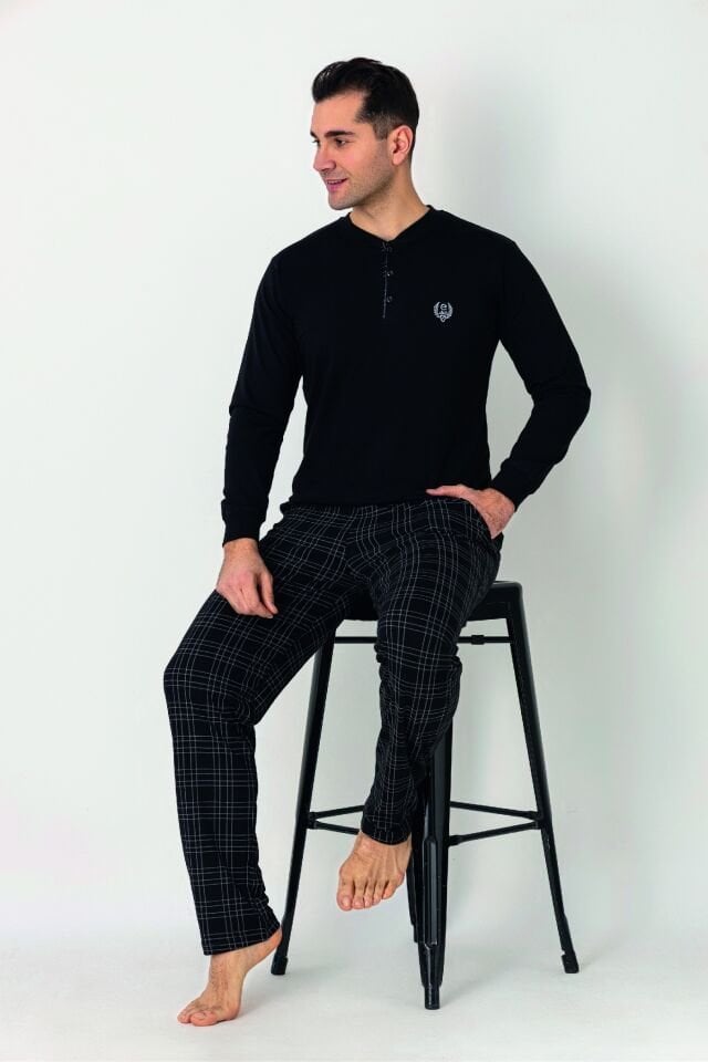 Estiva Erkek Kareli Alt Desenli Siyah Uzun Kollu Patlı Penye Pijama Takımı
