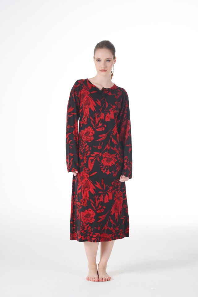 Kadın Yazlık Desenli Uzun Kollu Düğmeli Lycra Viskon Günlük Elbise XL - Kırmızı