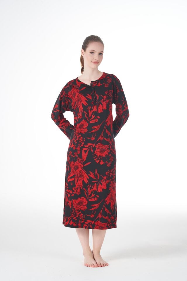 Kadın Yazlık Desenli Uzun Kollu Düğmeli Lycra Viskon Günlük Elbise XL - Kırmızı