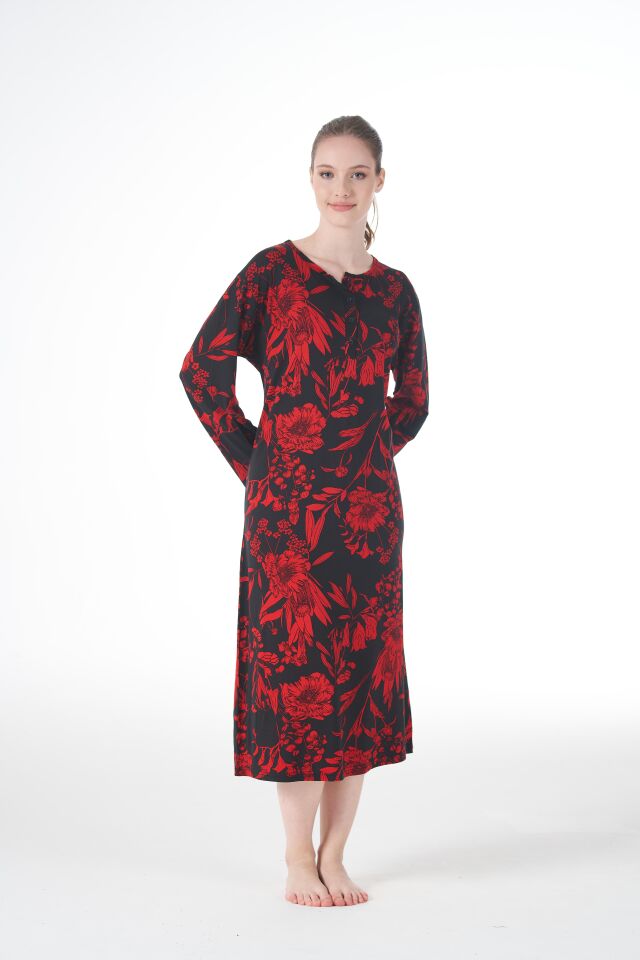 Kadın Yazlık Desenli Uzun Kollu Düğmeli Lycra Viskon Günlük Elbise XL - Kırmızı