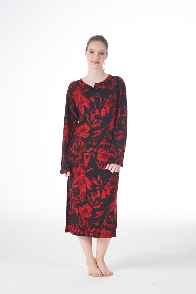 Kadın Yazlık Desenli Uzun Kollu Düğmeli Lycra Viskon Günlük Elbise 2XL - Kırmızı