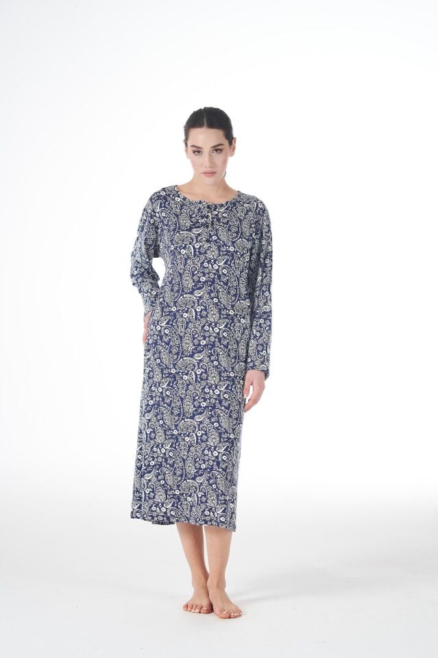 Kadın Yazlık Desenli Uzun Kollu Düğmeli Lycra Viskon Günlük Elbise L - Mavi