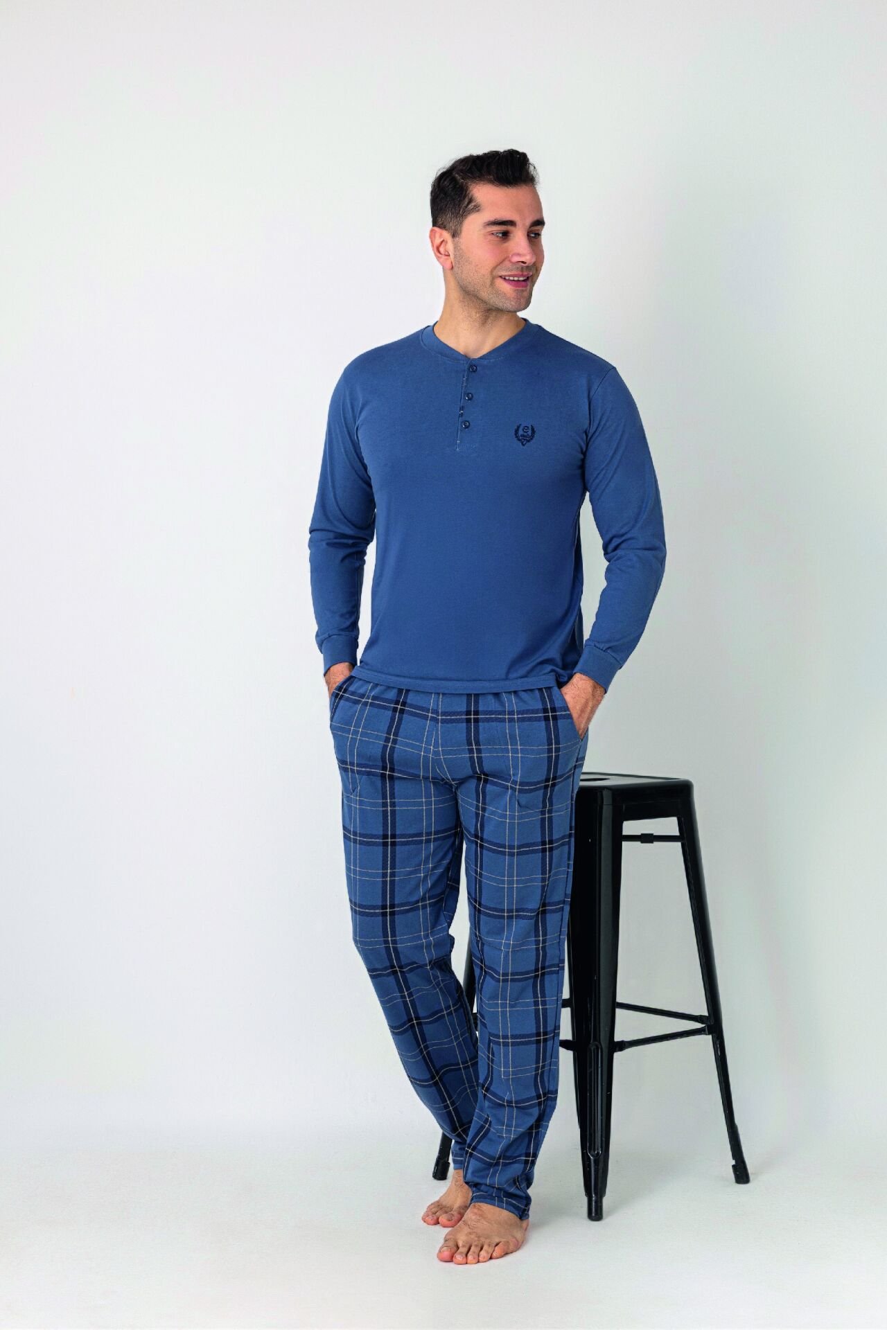 Estiva Erkek Kareli Alt Desenli Petrol Uzun Kollu Patlı Penye Pijama Takımı