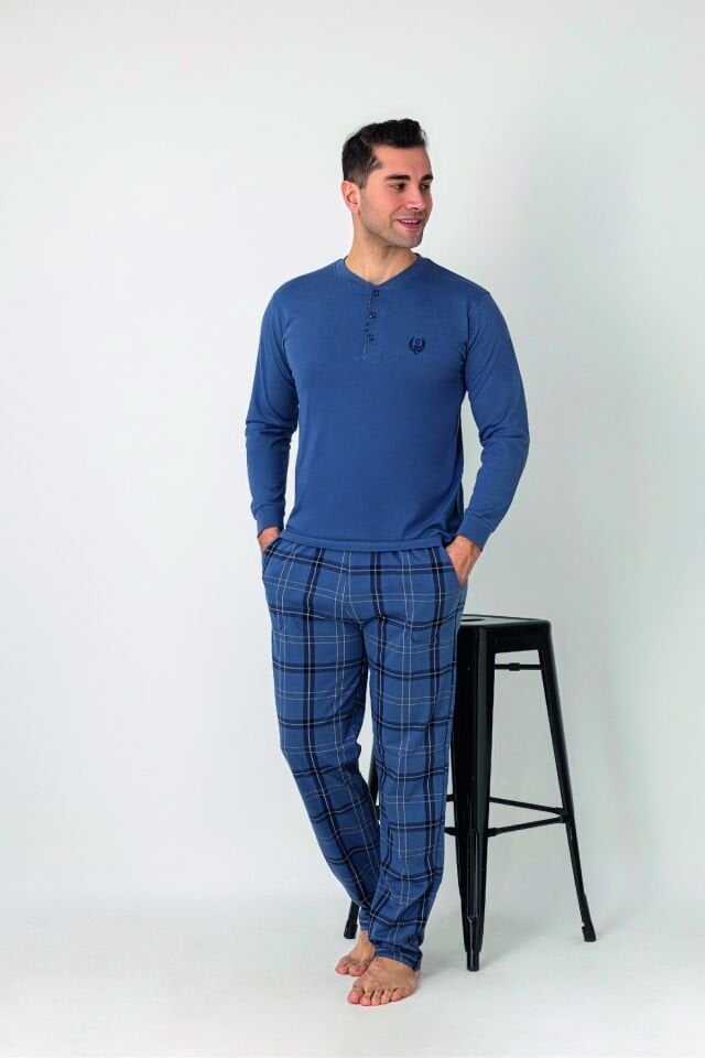 Estiva Erkek Kareli Alt Desenli Petrol Uzun Kollu Patlı Penye Pijama Takımı