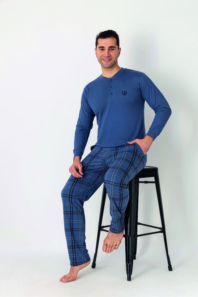 Estiva Erkek Kareli Alt Desenli Petrol Uzun Kollu Patlı Penye Pijama Takımı