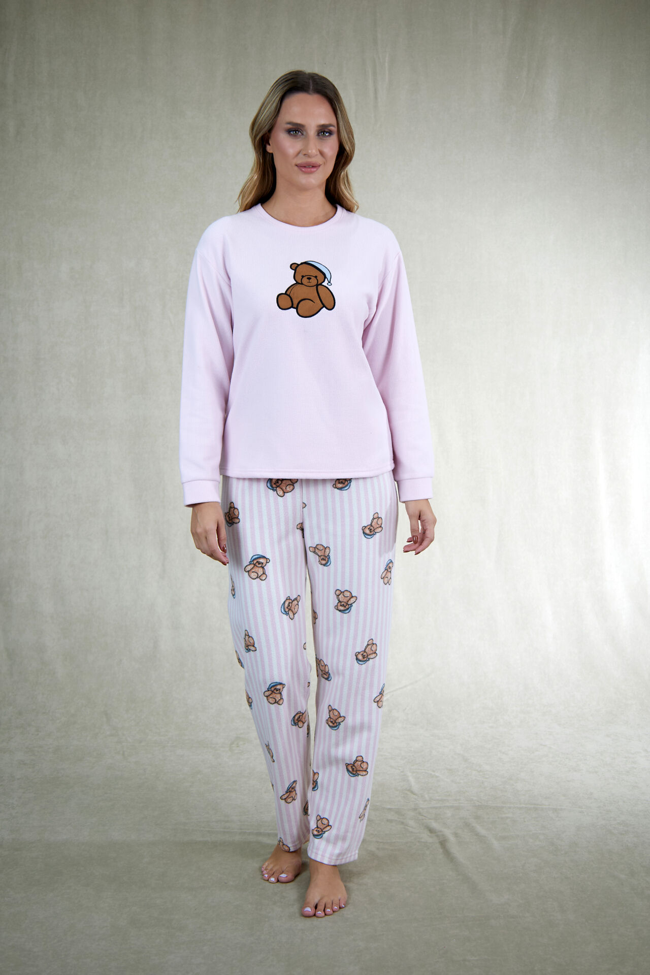 Estiva Kadın Ayıcık Desenli Pembe Waffle Kumaş Pijama Takımı