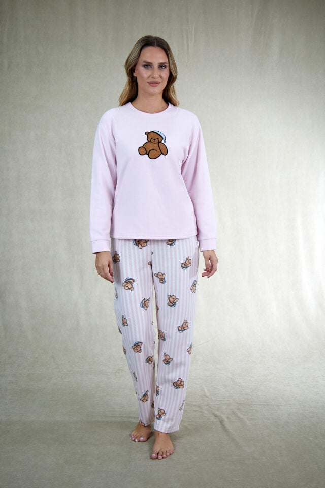 Estiva Kadın Ayıcık Desenli Pembe Waffle Kumaş Pijama Takımı